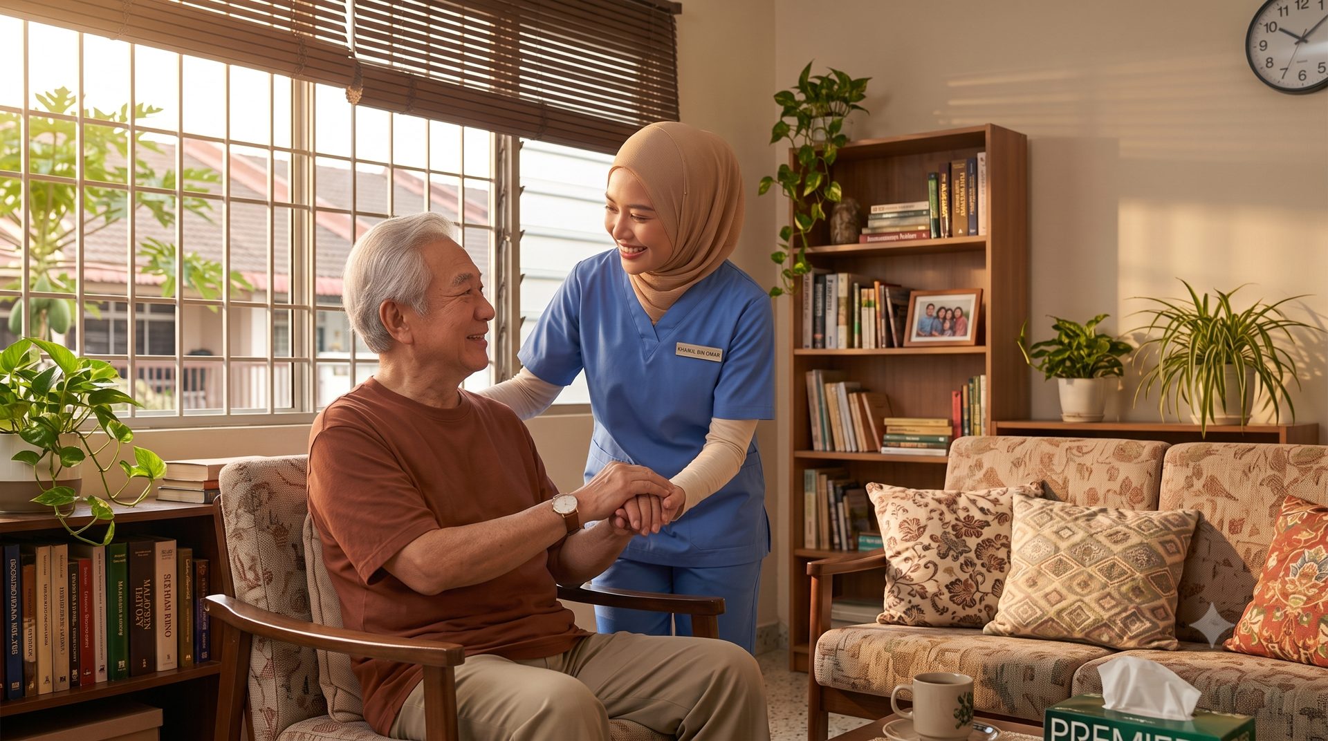 A caregiver holding hands with an elderly resident at home